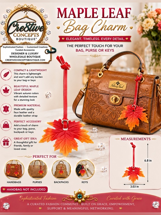 Cre8tive Concepts Boutique Accessories - Autumn Leaf Leather Purse Charm Bag Accessory – Handbag, Key & Luggage Charm